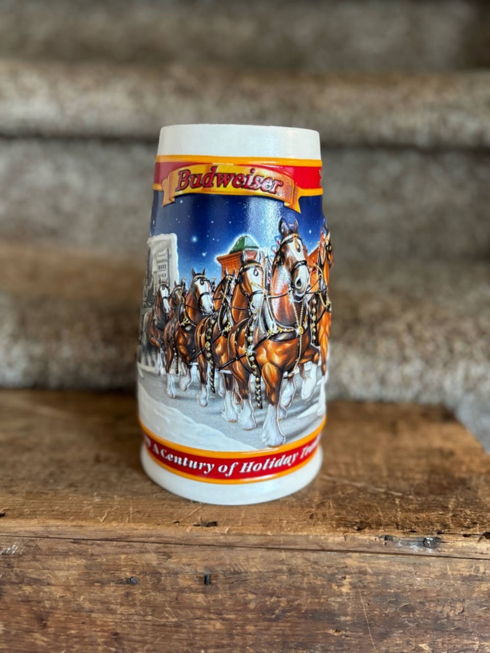 Budweiser Ceramic Holiday Stein with Brown Clydesdales and Blue Sky